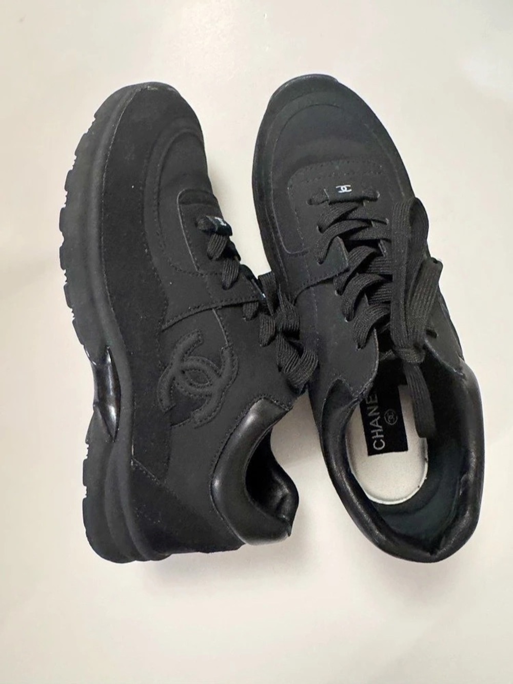 Chanel Nylon Calfskin Suede CC Sneakers Black